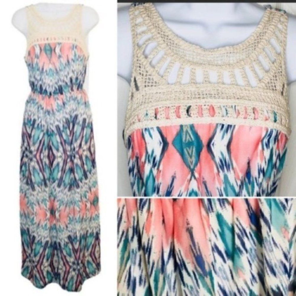 Lily Rose Crochet-Yoke Maxi Dress in Coral, Teal & Navy